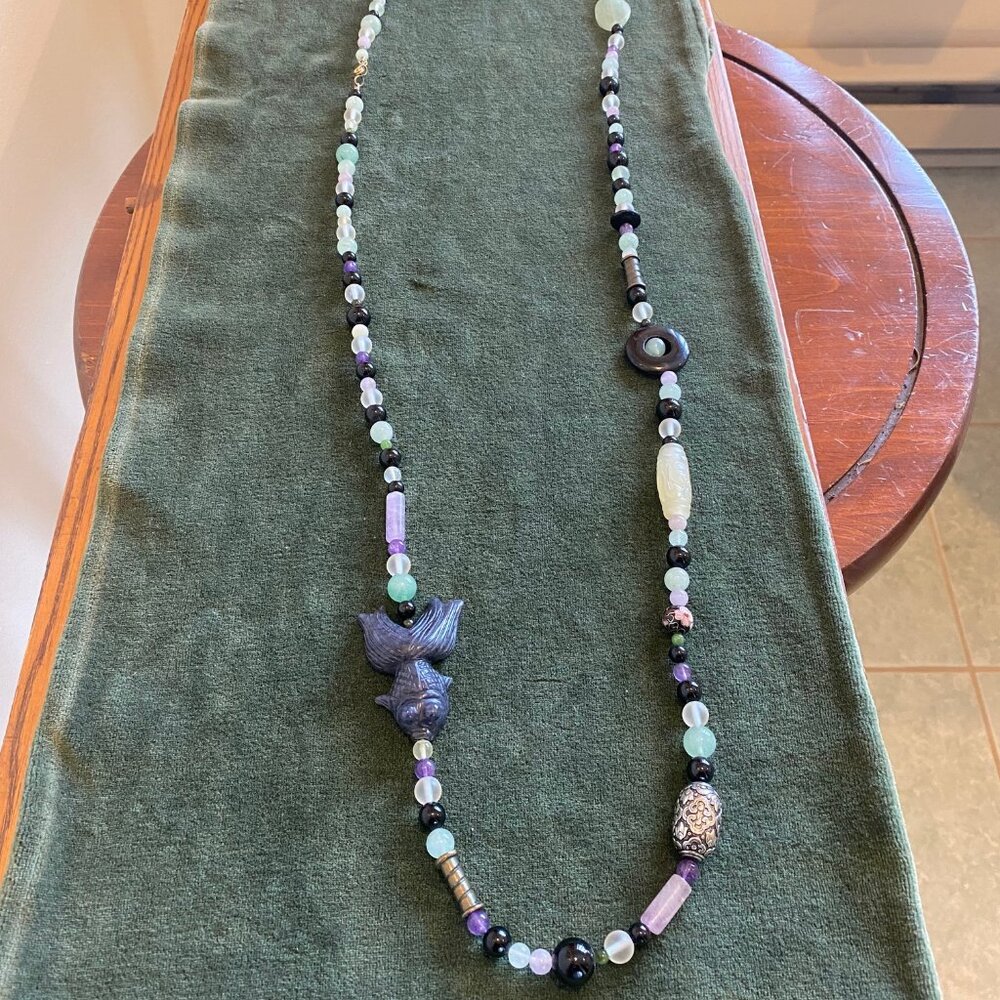 Egyptian Fish  Sodalite, onyx, amethyst amulet 52" necklace from MFA Boston